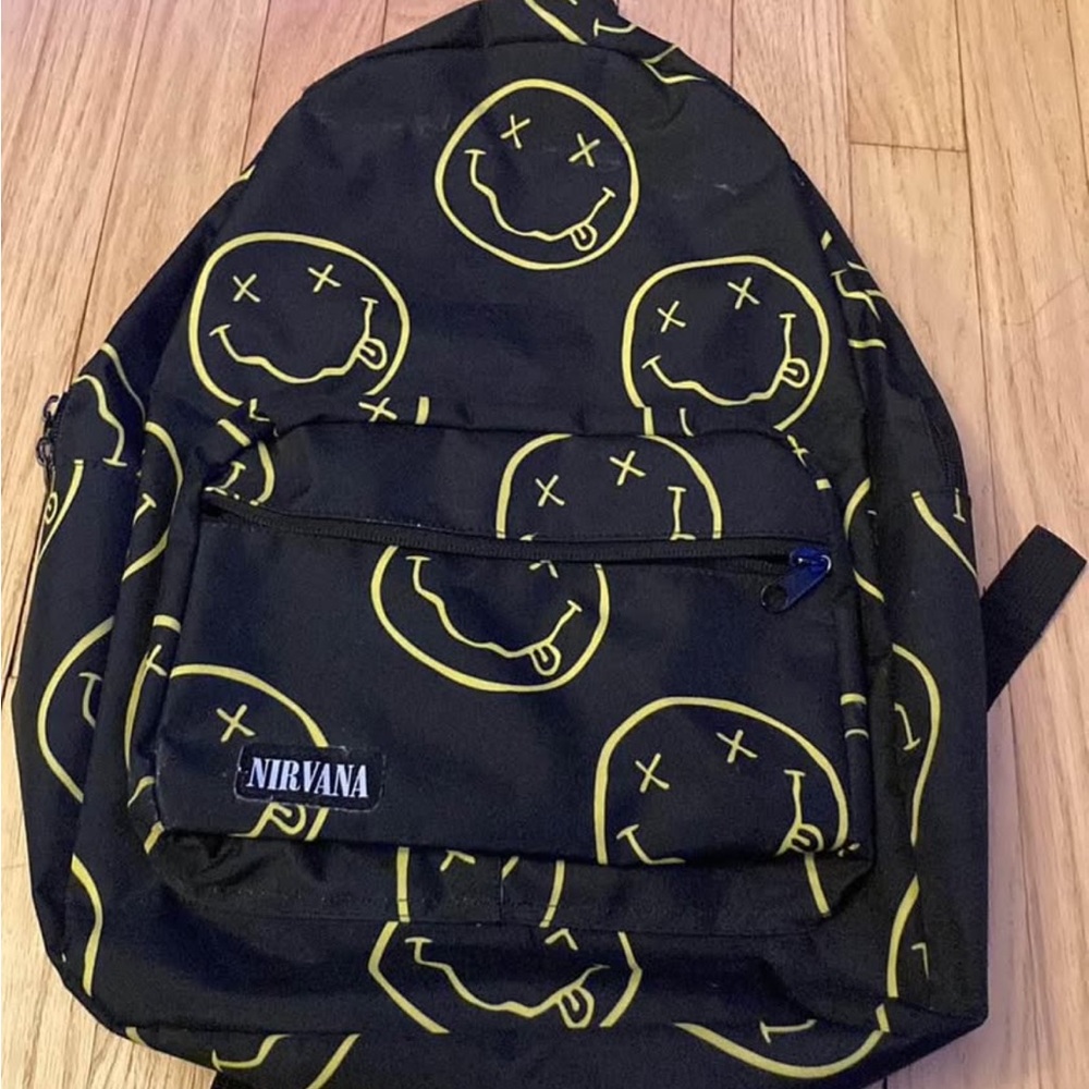NIRVANA Black Backpack with Yellow Smiley Graphics